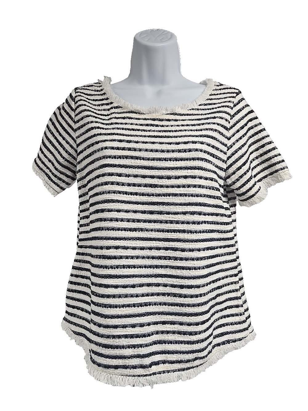 Green Envelope Womens Navy Blue White Striped Short Sleeve Top Textured Size S
